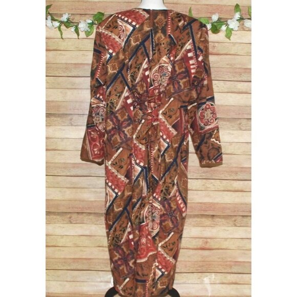 Vintage Diana Marco Brown Maxi Dress Size 22 Patterned Long Sleeve Ethnic Retro - Picture 6 of 12